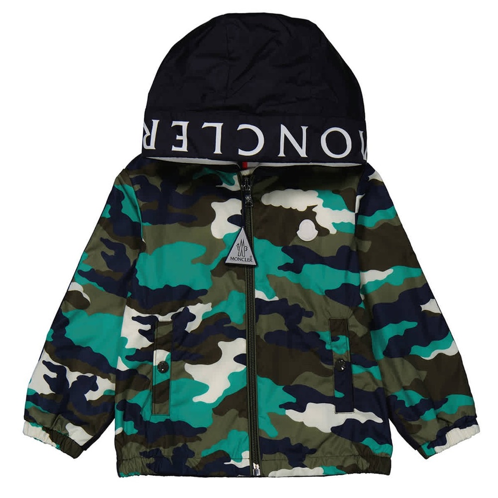 Moncler Kids Green Camouflage Jacket with Blue Hood